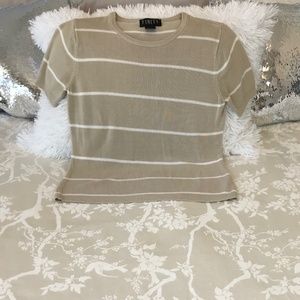 Finity Women’s Tan & White Striped Short Sleeve Silk Top